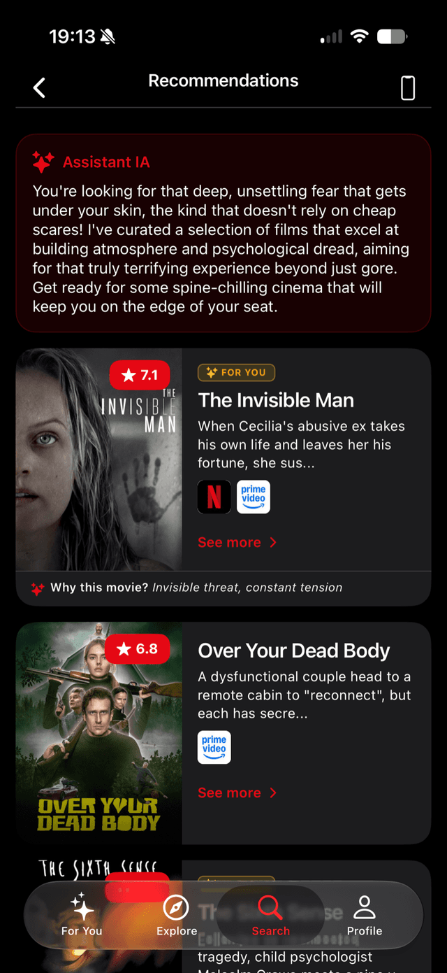 Résultats de recherche IA FastFlix avec recommandations expliquées et notes